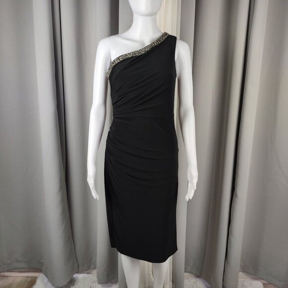 Adrianna Papell Women' Beaded One-Shoulder Neckline Side Ruched Drape Dress Sz 2 - Picture 2 of 11